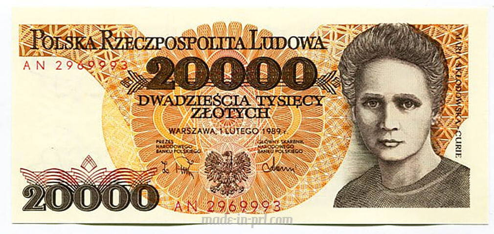 20000zł Maria Skłodowska-Curie - oryginalny pieniądz papierowy PRL losowy numer seryjny