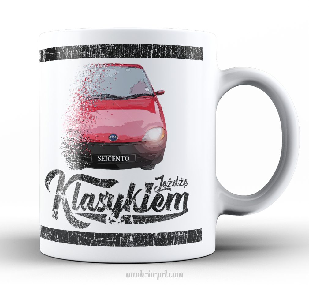 Biały kubek z nadrukiem motoryzacyjnym - SEICENTO 