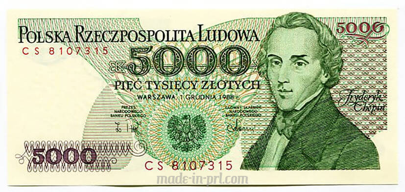 5000zł Fryderyk Chopin - oryginalny polski pieniądz papierowy PRL losowy numer seryjny 1