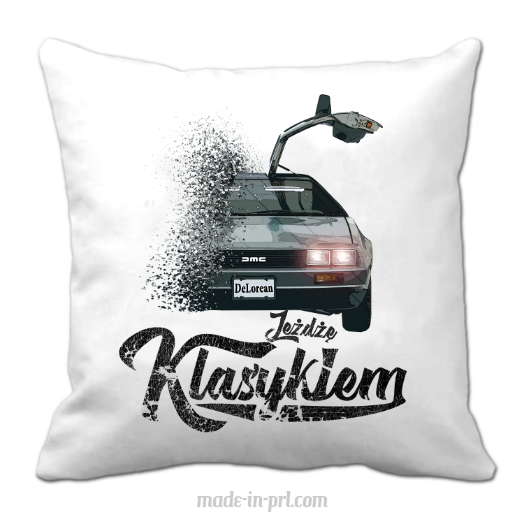 Jeżdżę klasykiem DMC DeLorean - poduszka biała 40x40cm