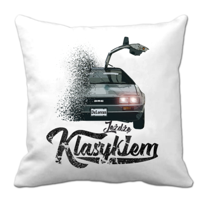 Jeżdżę klasykiem DMC DeLorean - poduszka biała 40x40cm