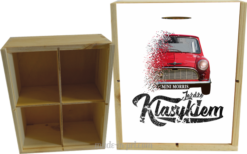 Jeżdżę klasykiem Mini Morris - skrzynka drewniana 4 przegródki 