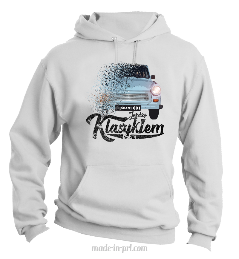 Bluza biała z kapturem męska z nadrukiem Trabant 601
