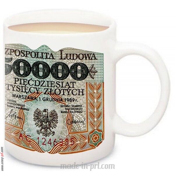 KUBEK Z BANKNOTEM 50000 ZŁ STANISŁAW STASZIC PRL 1989 R
