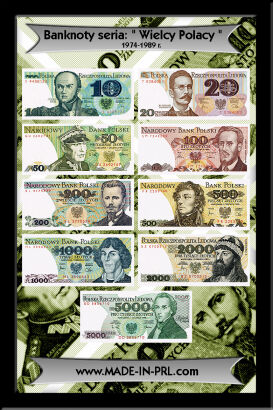 ZESTAW Prawdziwych Banknotów  stan bankowy nieużywany UNC " Wielcy Polacy " - 9 sztuk - PRL - 10-5000 zł