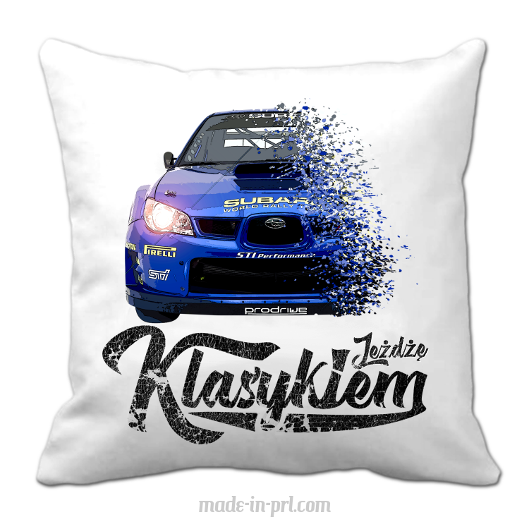 Jeżdżę klasykiem Subaru Impreza WRX - poduszka biała 40x40cm