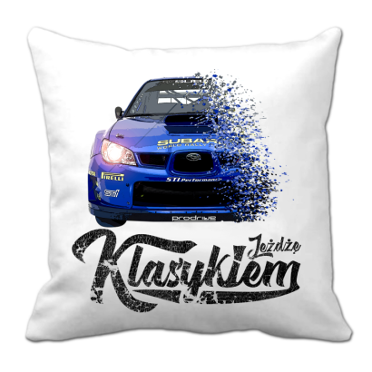 Jeżdżę klasykiem Subaru Impreza WRX - poduszka biała 40x40cm