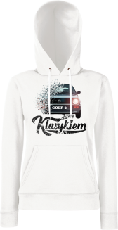 Jeżdżę klasykiem GOLF 2 - bluza damska z kapturem biała