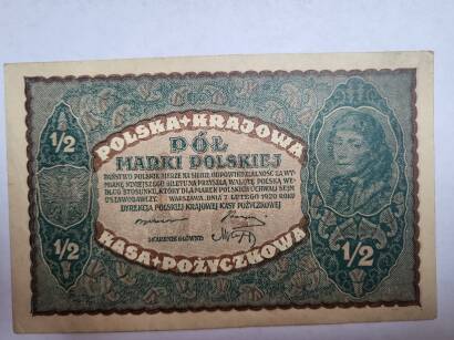 Banknot 1/2 Marki Polskiej Pól Marki  7 Luty 1920 r. Polska Krajowa Kasa Pożyczkowa