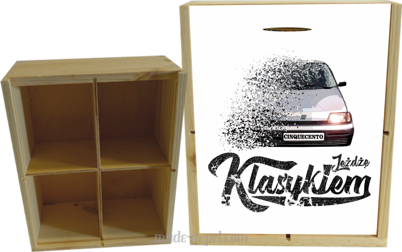 Jeżdżę klasykiem CINQUECENTO - skrzynka drewniana 4 przegródki